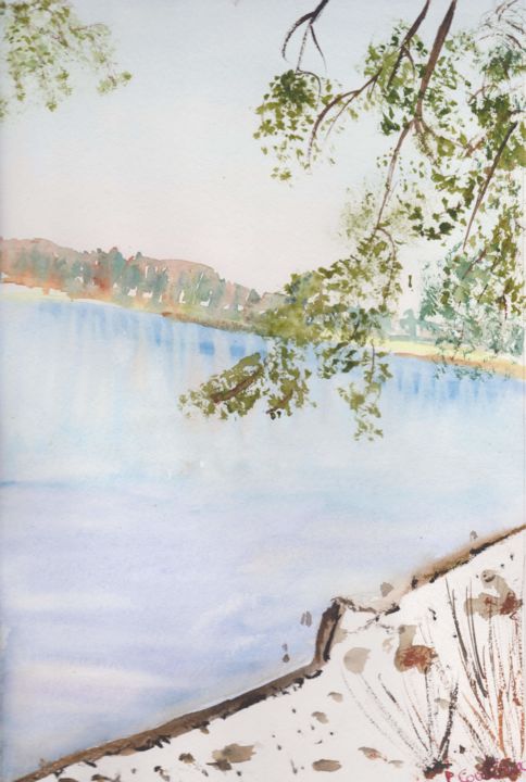Painting titled "Lac des Settons en…" by Pascale Coutoux, Original Artwork, Watercolor
