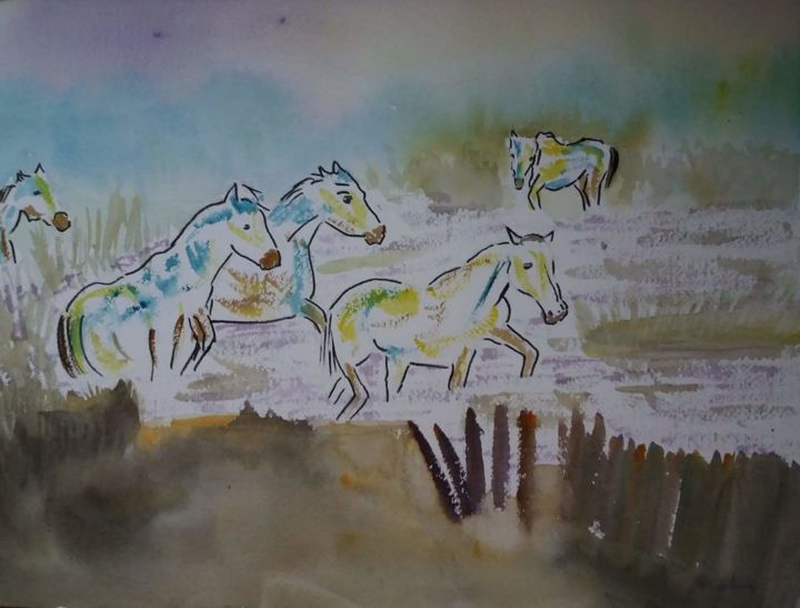 绘画 标题为“chevaux fous” 由Pascale Coutoux, 原创艺术品, 水彩