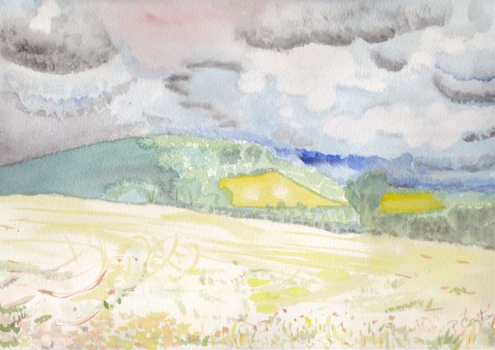 Painting titled "campagne sous l'ora…" by Pascale Coutoux, Original Artwork, Watercolor