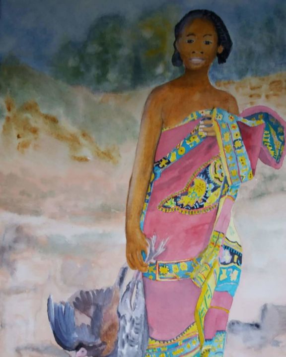 Peinture intitulée "femme aux pintades" par Pascale Coutoux, Œuvre d'art originale, Aquarelle