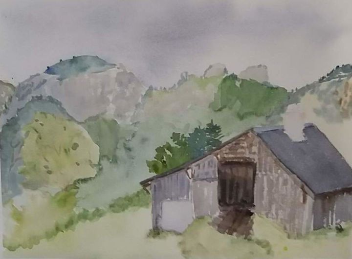 Malerei mit dem Titel "chalet dans la plai…" von Pascale Coutoux, Original-Kunstwerk, Aquarell