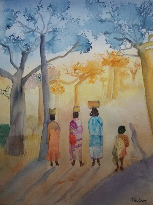 Peinture intitulée "allée des baobabs a…" par Pascale Coutoux, Œuvre d'art originale, Aquarelle