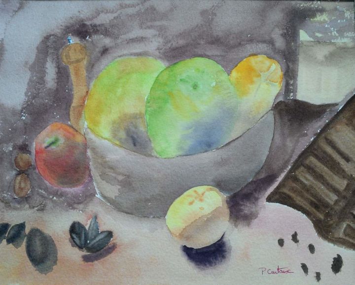 Pintura intitulada "pommes et chocolat" por Pascale Coutoux, Obras de arte originais, Aquarela