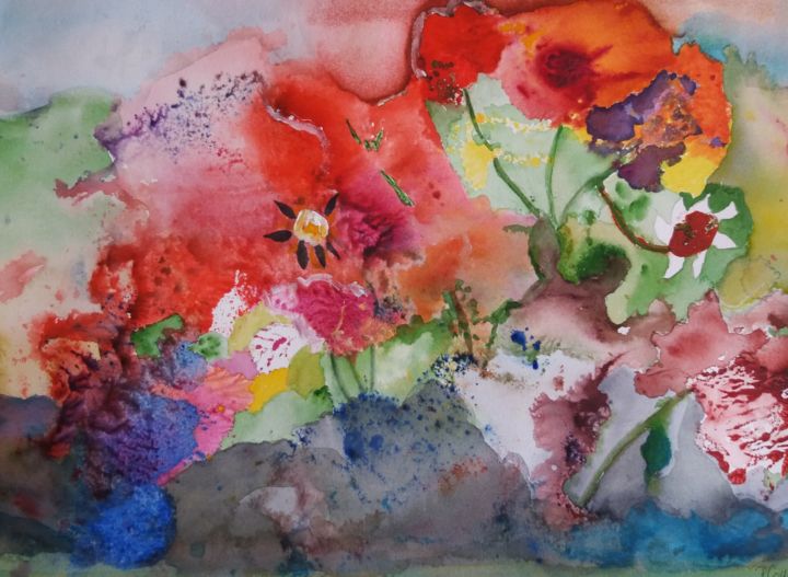 Pintura intitulada "Paysage fleuri" por Pascale Coutoux, Obras de arte originais, Aquarela