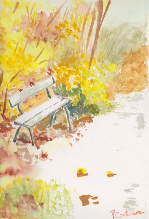 「le banc」というタイトルの絵画 Pascale Coutouxによって, オリジナルのアートワーク, 水彩画