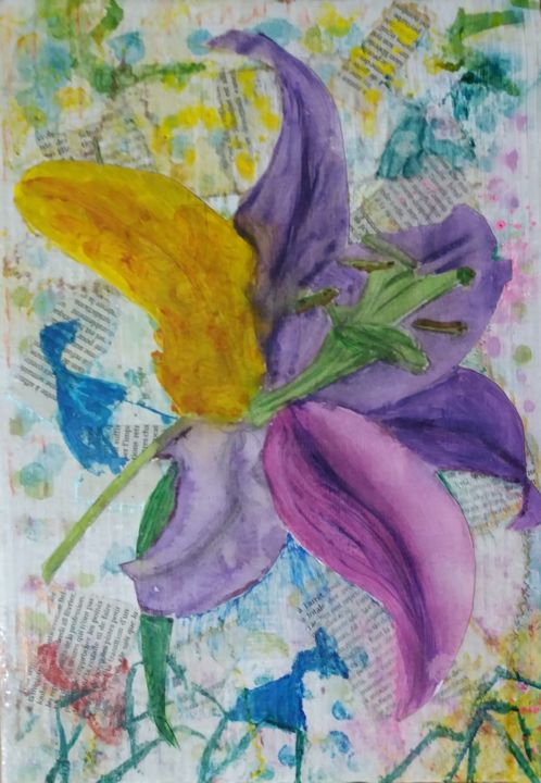 Painting titled "fleur multicolore" by Pascale Coutoux, Original Artwork, Watercolor