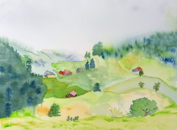 绘画 标题为“Chalets d'alpage à…” 由Pascale Coutoux, 原创艺术品, 水彩