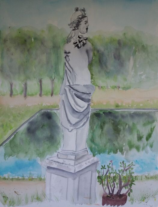 Peinture intitulée "Statue au parc de S…" par Pascale Coutoux, Œuvre d'art originale, Aquarelle