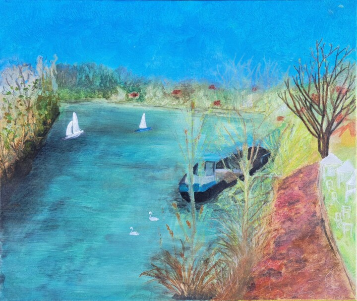 Peinture intitulée "Au fil de l'eau à L…" par Pascale Coutoux, Œuvre d'art originale, Crayon