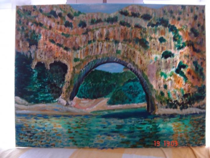 Painting titled "pont sur la rivière" by Pascale Kleinberg, Original Artwork, Oil