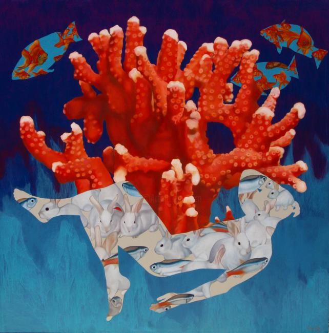 Painting titled "Coral Rojo" by Pascal Roy, Original Artwork, Oil