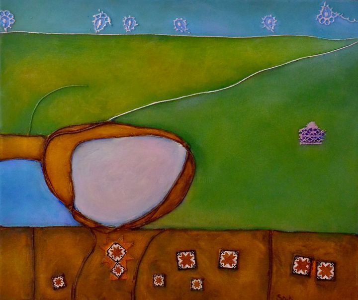 Peinture intitulée "Chemin vert aux éto…" par Pascal Stutz, Œuvre d'art originale, Huile