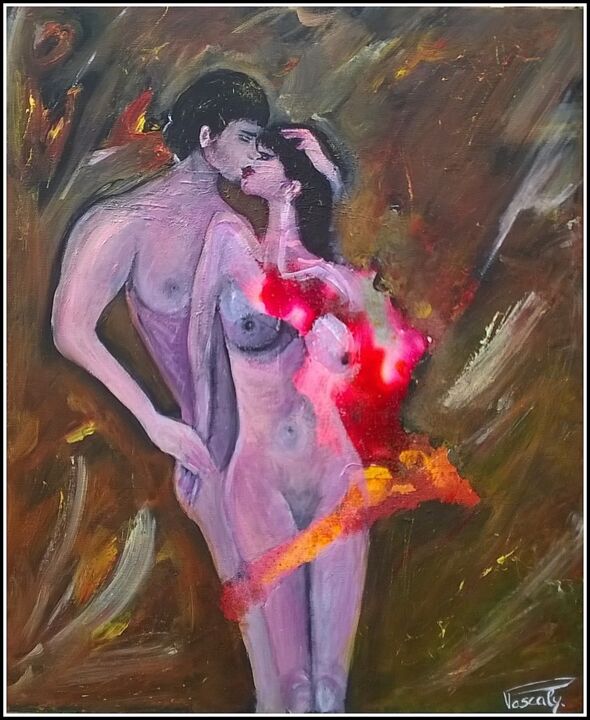 Painting titled "Le coeur des Flamme…" by Pascaly, Original Artwork, Acrylic