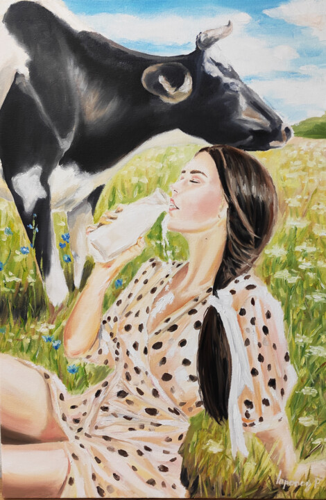 Pintura intitulada "Milkmaid, Erotic pa…" por Pasha Laponog, Obras de arte originais, Óleo