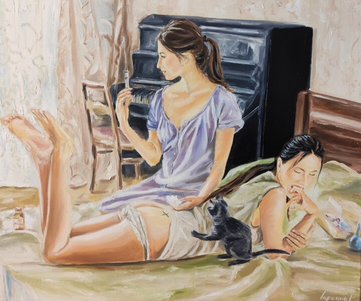 Painting titled "Two beautiful naked…" by Pasha Laponog, Original Artwork, Oil