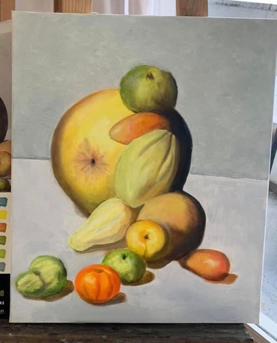 Painting titled "fruits d’automne" by Pierre Heiffel, Original Artwork, Oil Mounted on Wood Stretcher frame