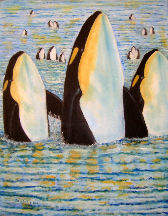 Painting titled "Orca Trio" by Pasquale Desantis, Original Artwork, Oil Mounted on Wood Stretcher frame