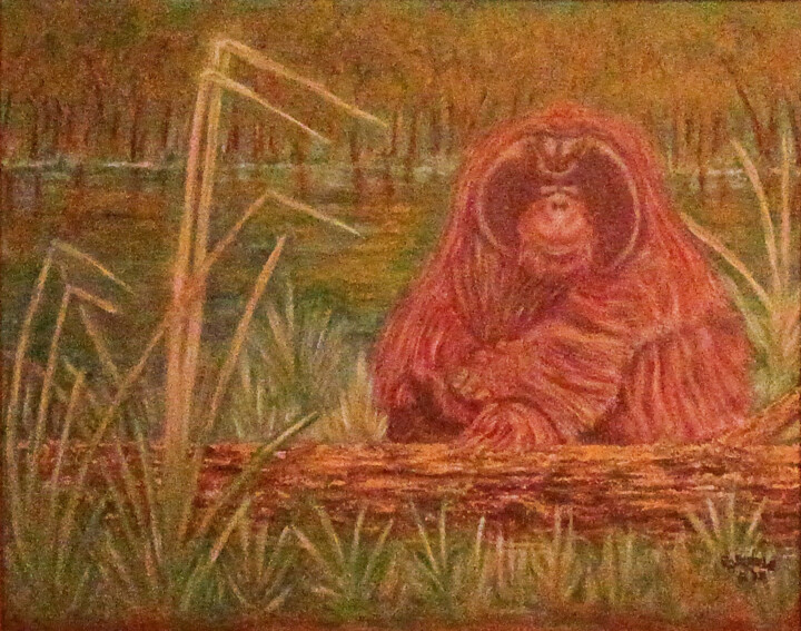 Malerei mit dem Titel "Orangutan Meditation" von Pasquale Desantis, Original-Kunstwerk, Öl Auf Keilrahmen aus Holz montiert