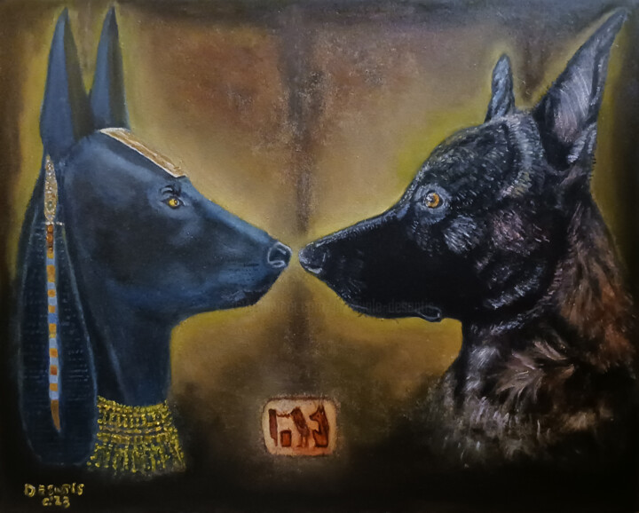 Painting titled "Anubis vs Anubis" by Pasquale Desantis, Original Artwork, Oil Mounted on Wood Panel