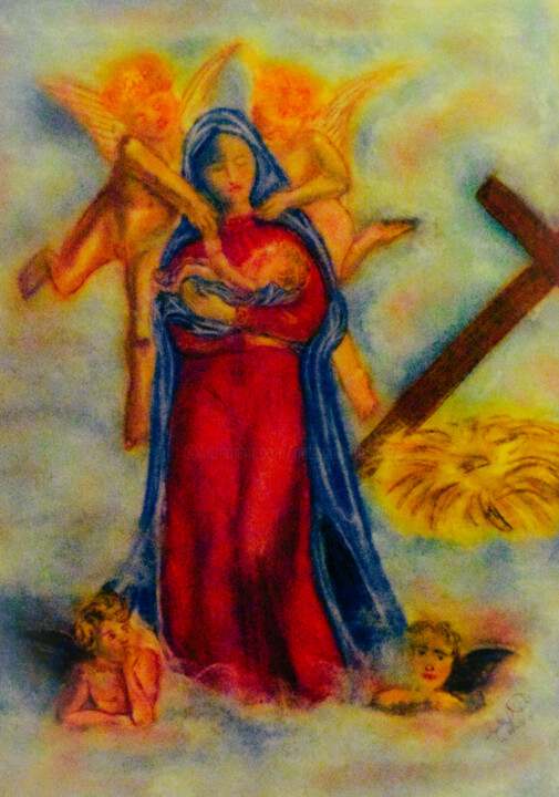 Drawing titled "Madonna with Child…" by Pasquale Desantis, Original Artwork, Pastel Mounted on Cardboard