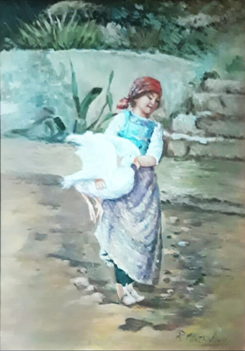 Painting titled "Bambina con Oca" by Pasquale Minervino (Minervino), Original Artwork, Oil Mounted on Other rigid panel