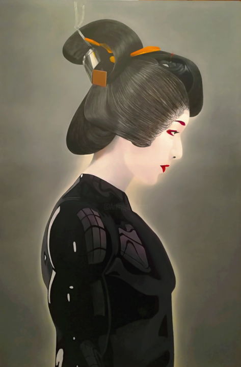 Painting titled "Cyborg Geisha" by Pasquale Pacelli, Original Artwork, Oil
