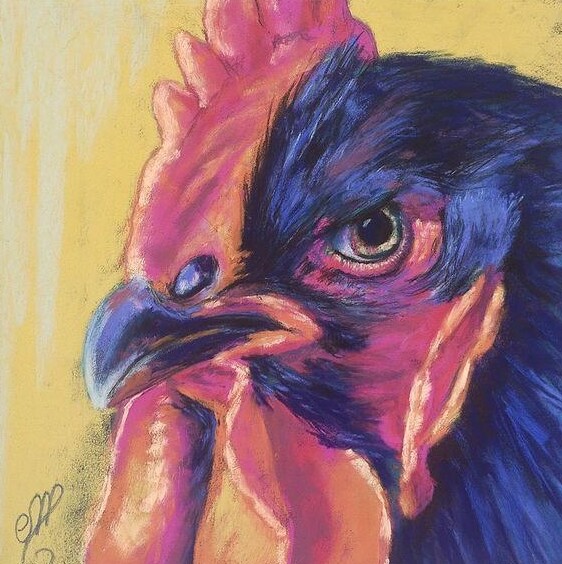 Drawing titled "Le coq bleu" by Corinne Romand-Maitrepierre, Original Artwork, Pastel Mounted on Wood Panel
