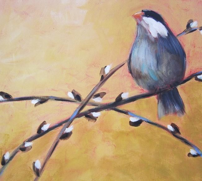 Ζωγραφική με τίτλο "Little Bird looking…" από Pam Carlson, Αυθεντικά έργα τέχνης