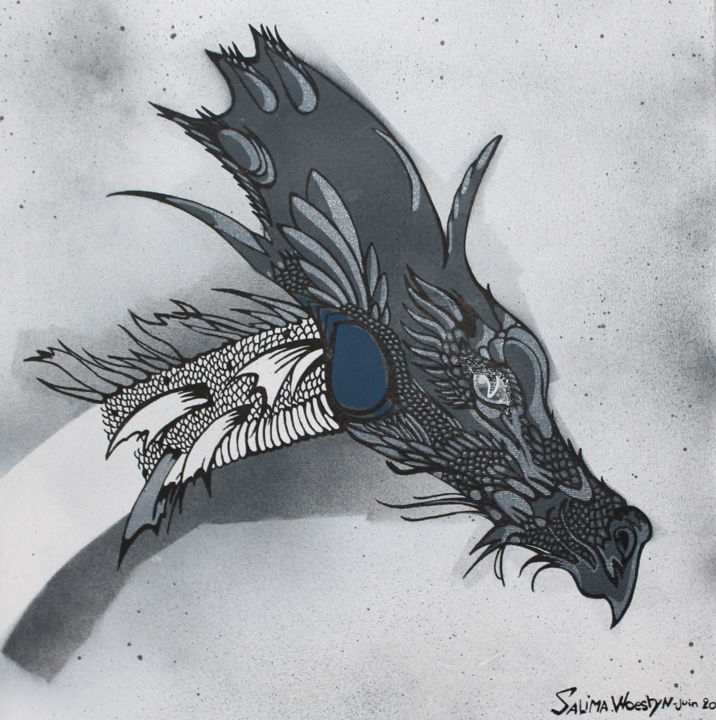 Peinture intitulée "Dragon gris anthrac…" par Pasthete // Salima Woestyn, Œuvre d'art originale
