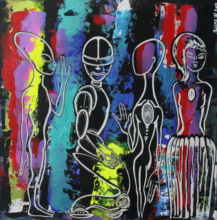 Painting titled "Aliens and Robots" by Pasthete // Salima Woestyn, Original Artwork, Other