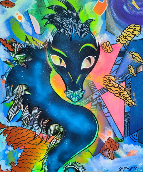 Malerei mit dem Titel "Duck Dragon Cosmos" von Pasthete // Salima Woestyn, Original-Kunstwerk, Acryl
