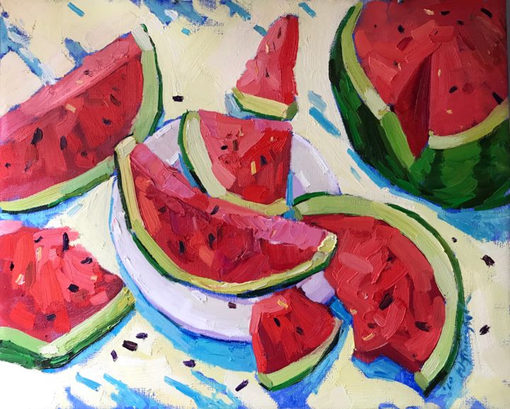 Painting titled "Watermelon" by Yuliia Pastukhova, Original Artwork, Oil Mounted on Wood Stretcher frame