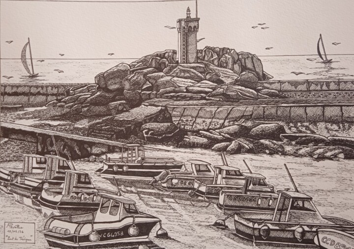Dibujo titulada "Port de Trevignon 2" por Patrick Mévellec, Obra de arte original, Rotulador