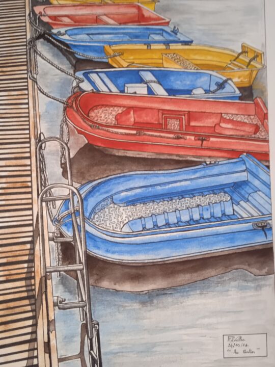 Peinture intitulée ""au ponton"" par Patrick Mévellec, Œuvre d'art originale, Encre