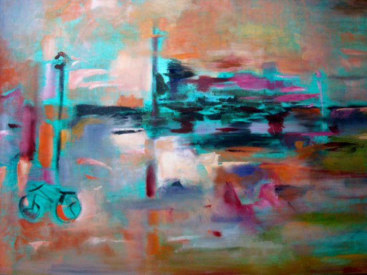 Painting titled "PAISAJE CON BICICLE…" by Patricia Paats, Original Artwork