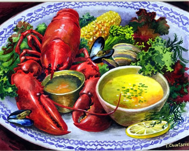 Pintura intitulada "Maine Lobster Feast" por Tatiana Kremlev (Chvetsova), Obras de arte originais, Outro
