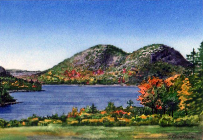 Painting titled "Jordan Pond, Fall" by Tatiana Kremlev (Chvetsova), Original Artwork