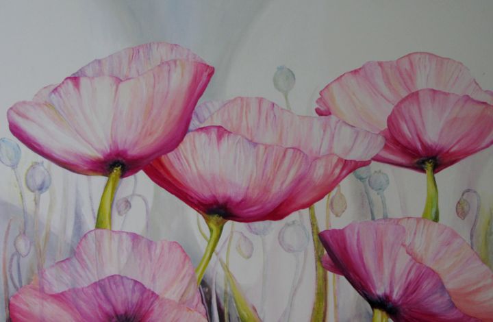 Painting titled "Poppy Flowers" by Patricia Matser, Original Artwork, Acrylic Mounted on Wood Panel