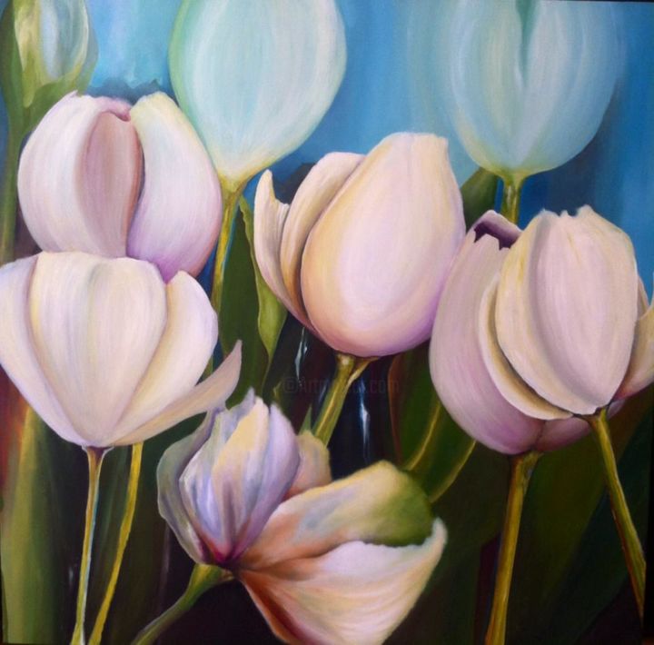 Painting titled "Witte tulpen 1" by Patricia Matser, Original Artwork, Acrylic Mounted on Wood Panel