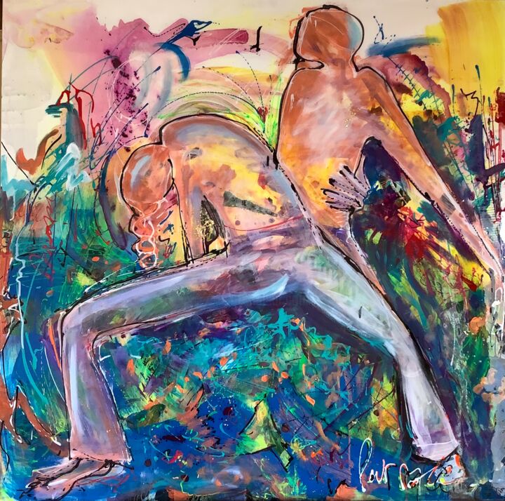 Malerei mit dem Titel "Danseurs sur bleu" von Patmoli, Original-Kunstwerk, Acryl