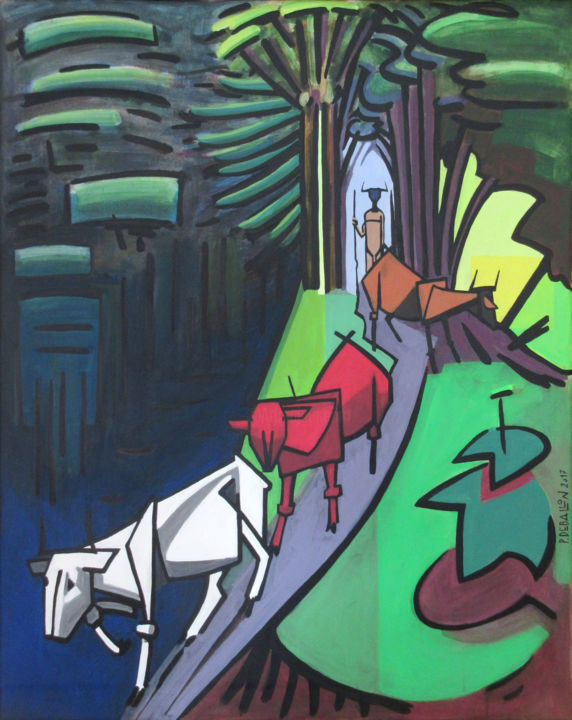 Malerei mit dem Titel ""Vaches descendant.…" von Patou Deballon, Original-Kunstwerk, Acryl