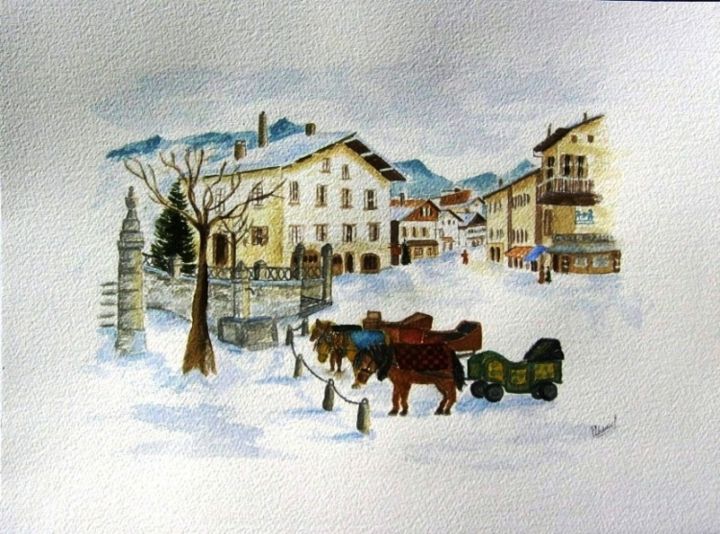 Pintura intitulada "village de Mégève" por Patoupaint, Obras de arte originais, Aquarela