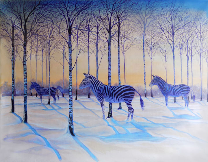 Painting titled "Zebras in the birch…" by Patric Boussignac, Original Artwork, Oil