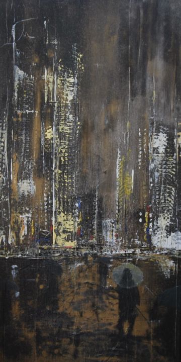 Painting titled "Rain on the city" by Patrice Butel, Original Artwork, Oil