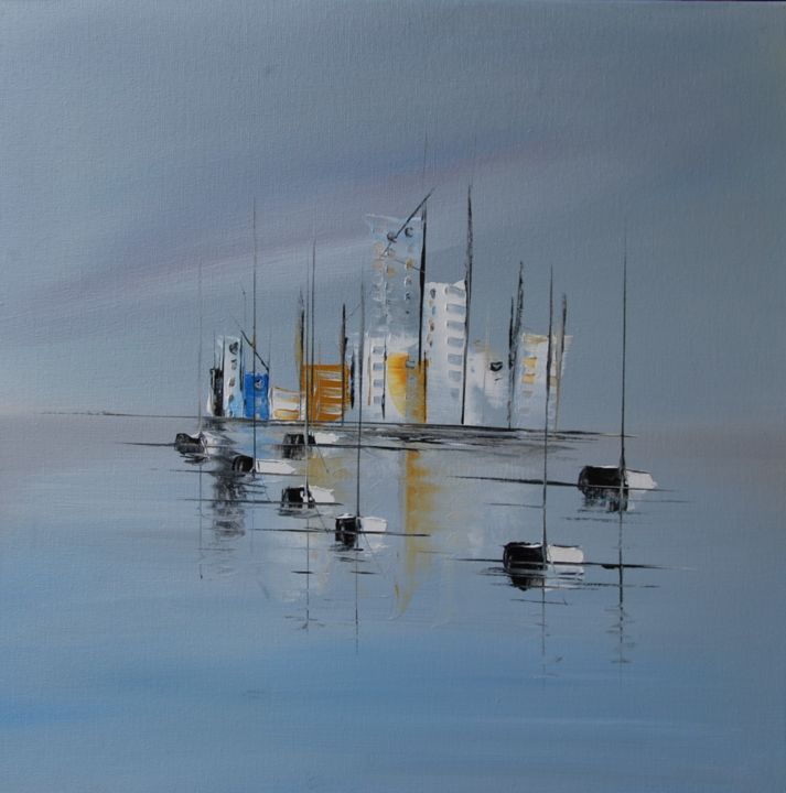 Pintura intitulada "Sea sail city N°1834" por Patrice Butel, Obras de arte originais, Óleo