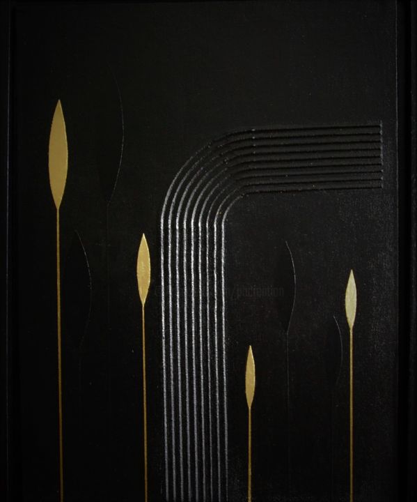 「Black & Gold Flammes」というタイトルの絵画 Patrice Butelによって, オリジナルのアートワーク, アクリル 段ボールにマウント