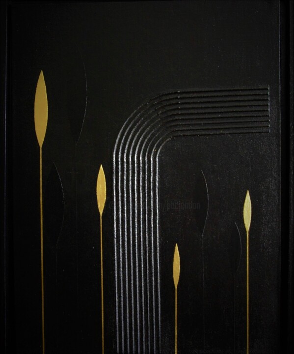Schilderij getiteld "Black & Gold fuseaux" door Patrice Butel, Origineel Kunstwerk, Acryl Gemonteerd op Karton