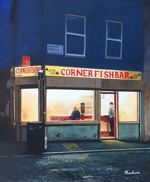 Painting titled "Corner Fish Bar" by Patrice Fouchard, Original Artwork, Acrylic Mounted on Wood Stretcher frame