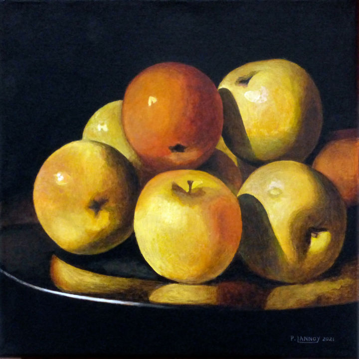 Painting titled "Nature morte aux po…" by Patrice Lannoy, Original Artwork, Acrylic Mounted on Wood Stretcher frame