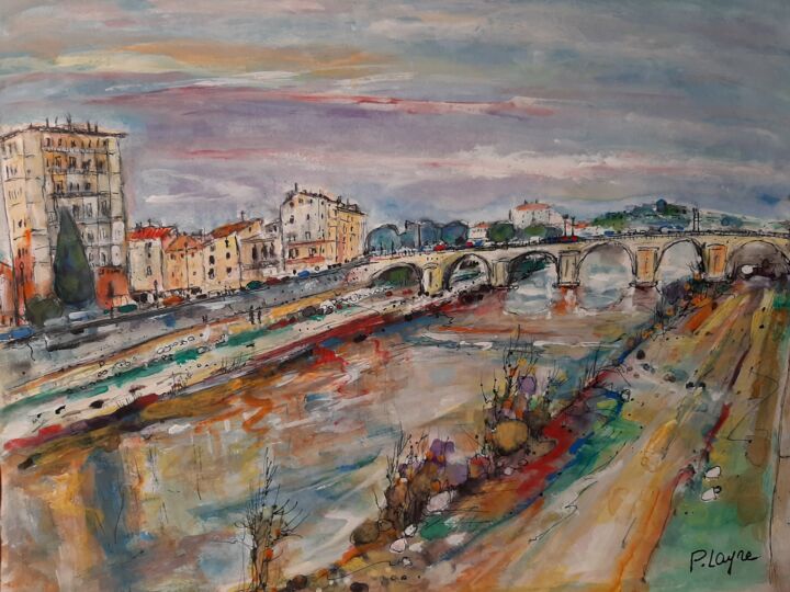 Peinture intitulée "Ales "Le Pont Vieux"" par Patrice Layre, Œuvre d'art originale, Aquarelle Monté sur Carton
